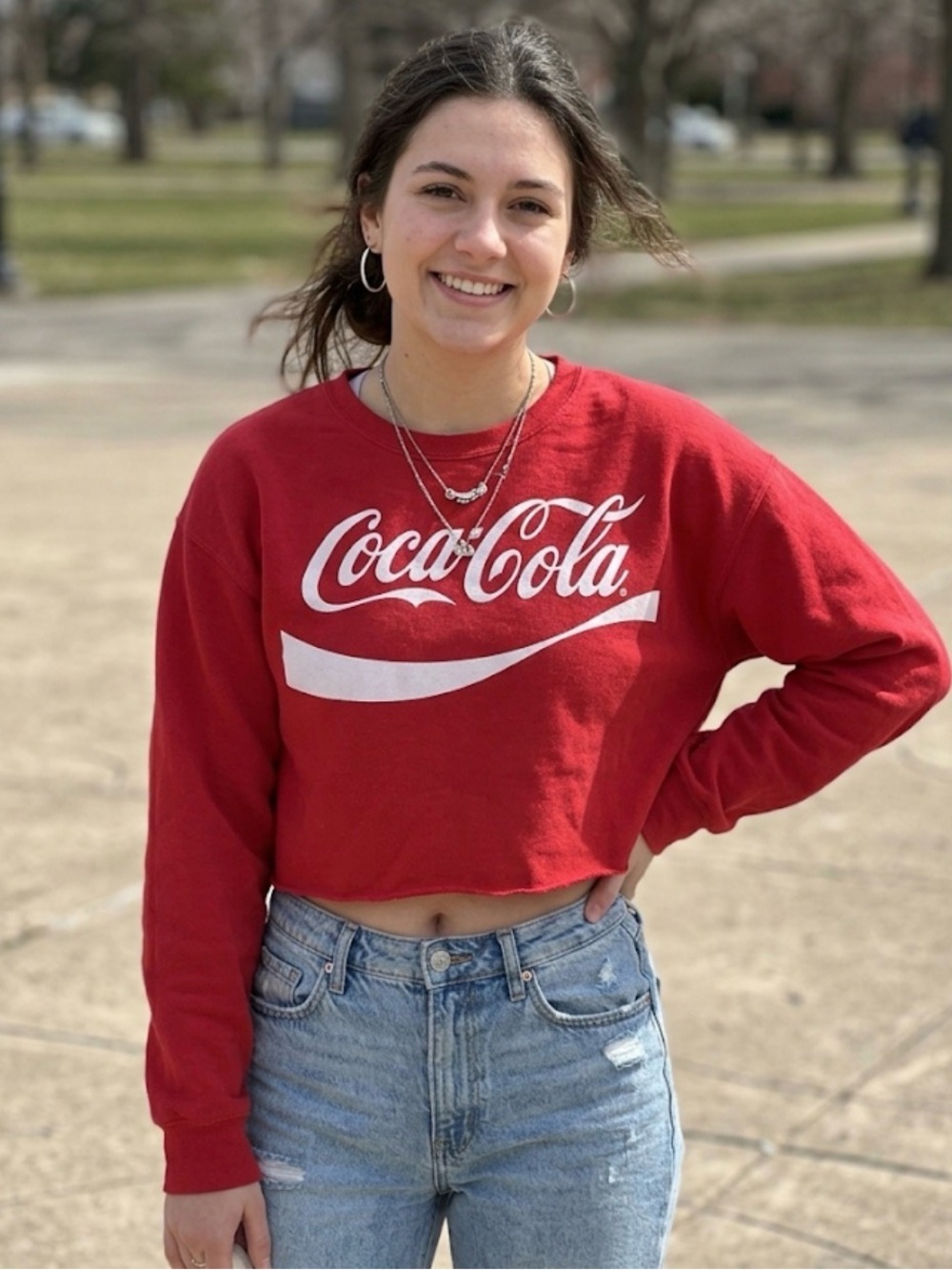 Coca Cola Red Cropped Crewneck Sweatshirt with White Logo